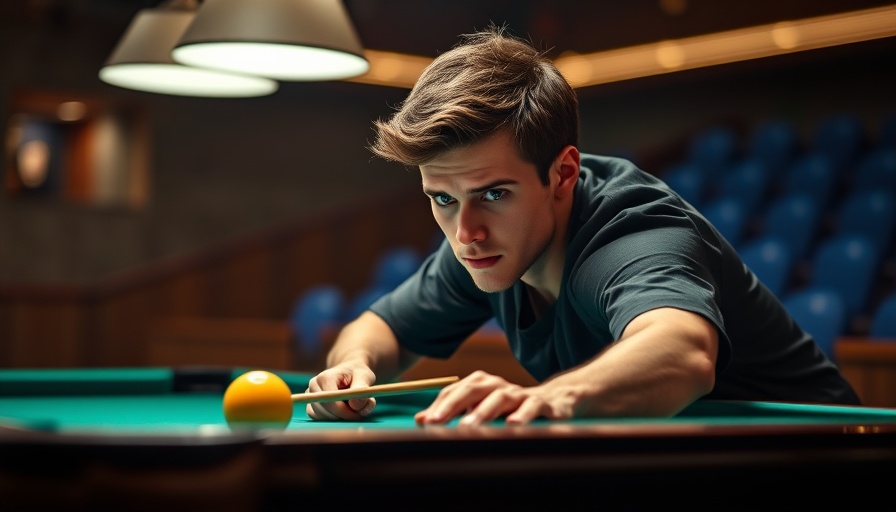 Felix Vogel playing pool, focused in a dimly lit hall.