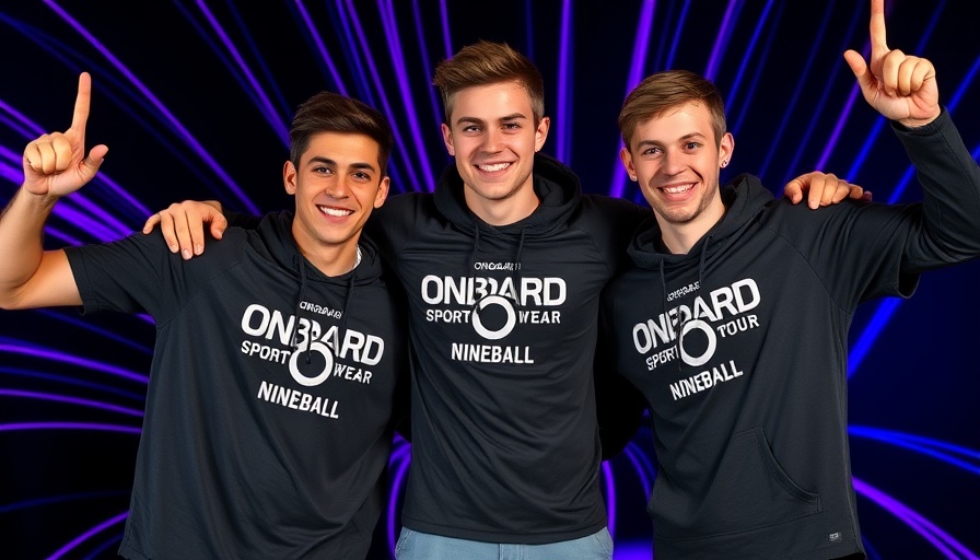 Onboard Sportswear Nineball Tour merchandise worn by three enthusiastic men.