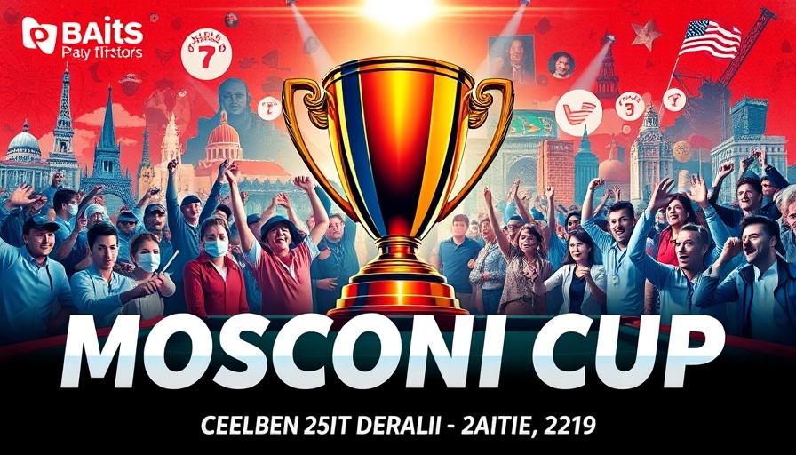 Mosconi Cup 2025 in London event poster with trophy and fans.