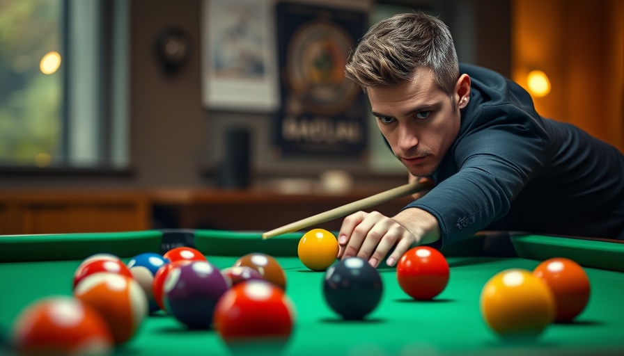 Man aiming shot in pool game, showcasing future of pool with Heyball.