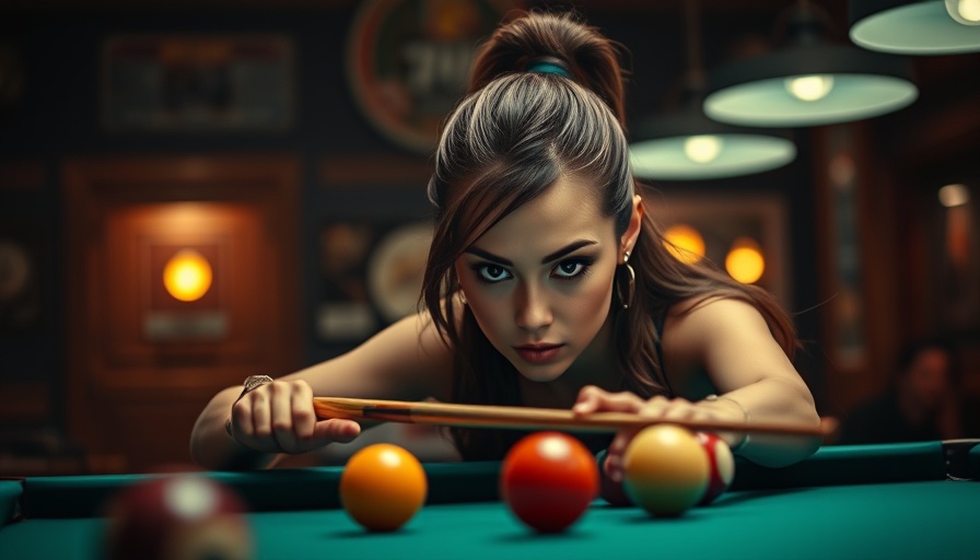 Focused female pool player in WPA Women's 8-Ball Championships.