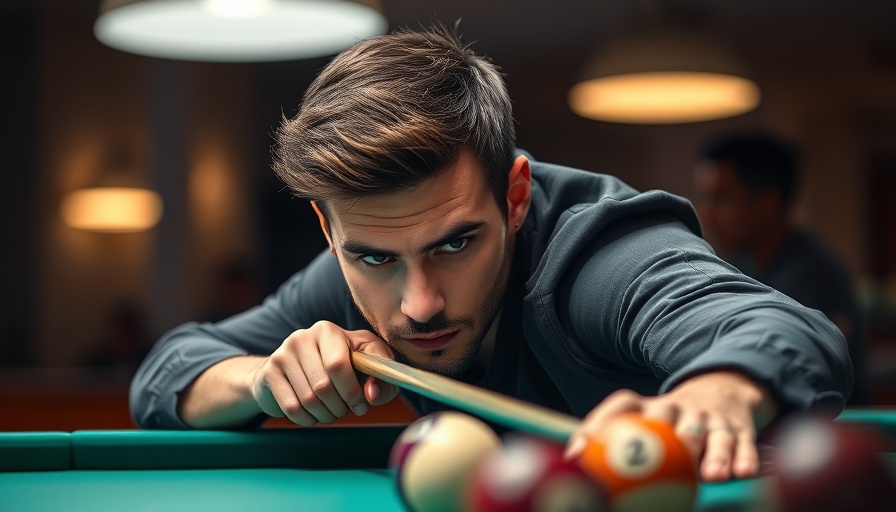 Focused pool player aiming at billiard table during tournament.