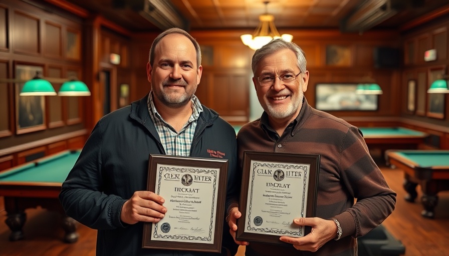 Appalachian Iron Man Split Bracket event winners with plaques in billiards room.