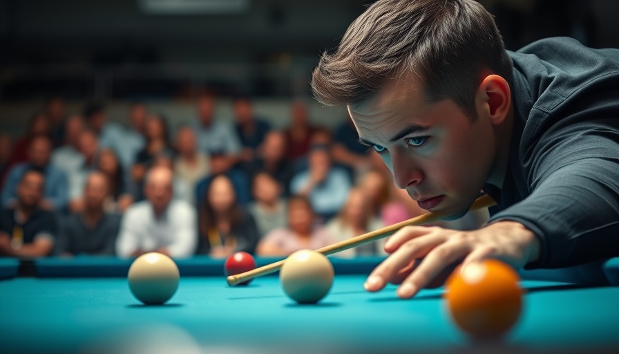 Focused pool player in 2024 World Pool Championship, aiming shot.