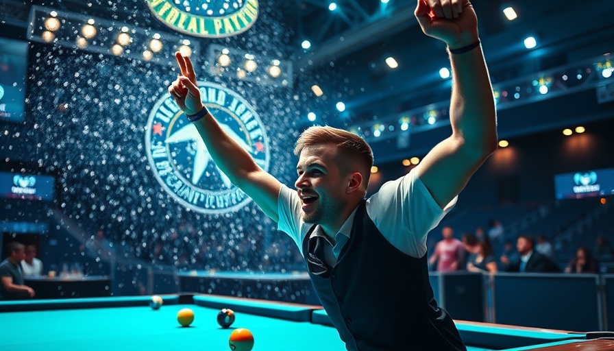 Pool player celebrating amid lights at 2025 World Pool Championship Semi-Finals.