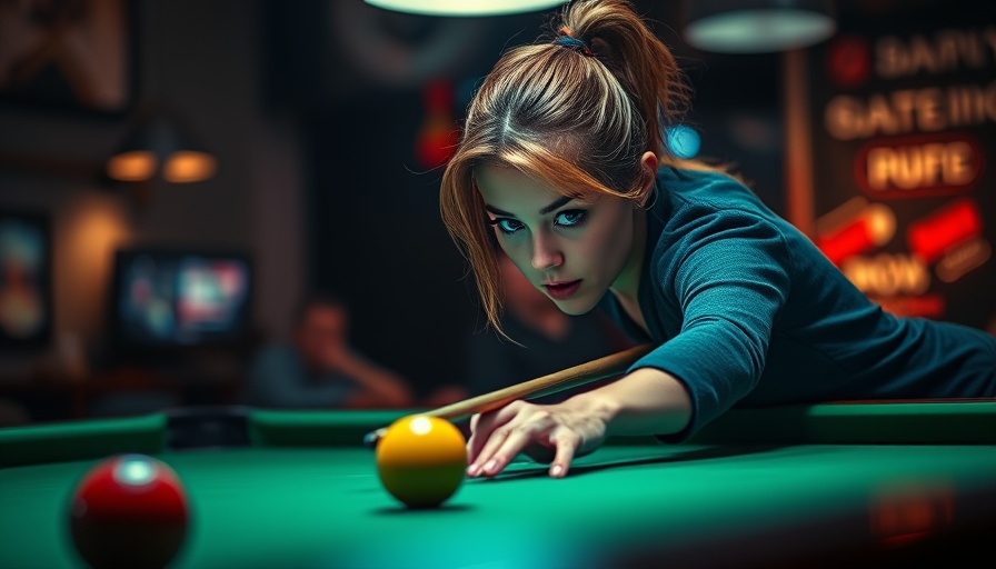 Female player at Lucasi Women’s Open 9-Ball tournament focused on shot.