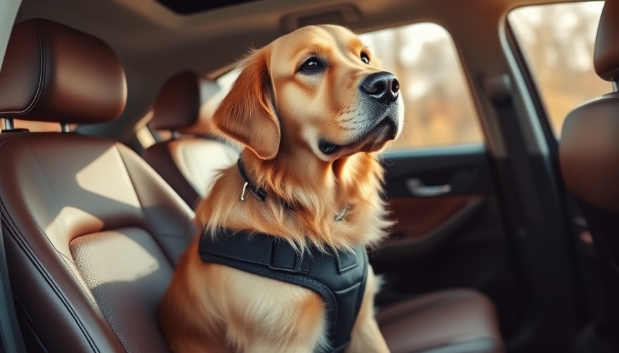 Golden retriever secured with a dog safety seat belt in a car.