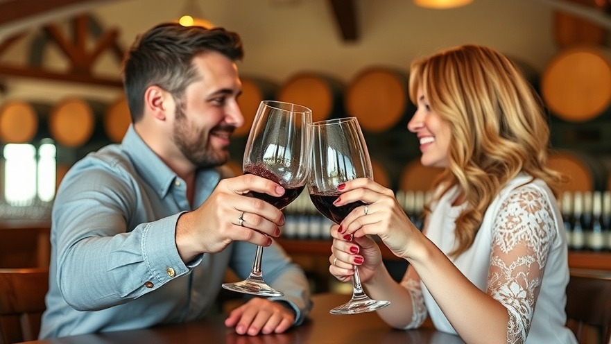 Romantic couple toasting wine at Duplin Winery North Myrtle Beach, cozy atmosphere.