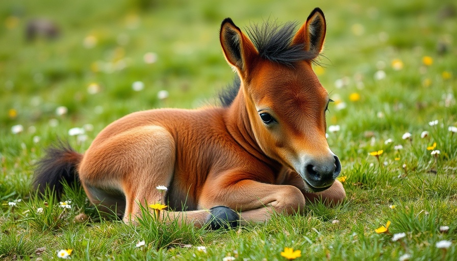 Adorable foal resting in a meadow for horse breeding and foal care.