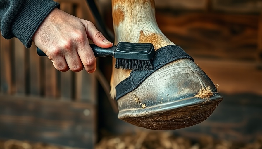 Person cleaning a horse's hoof with a brush, horse hoof care.