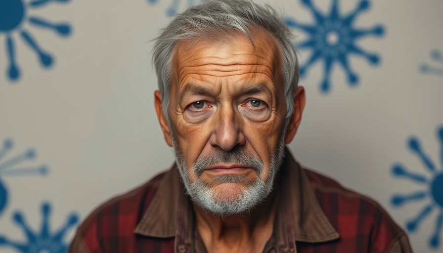 Portrait of man in orange shirt with blue background, neutral expression.