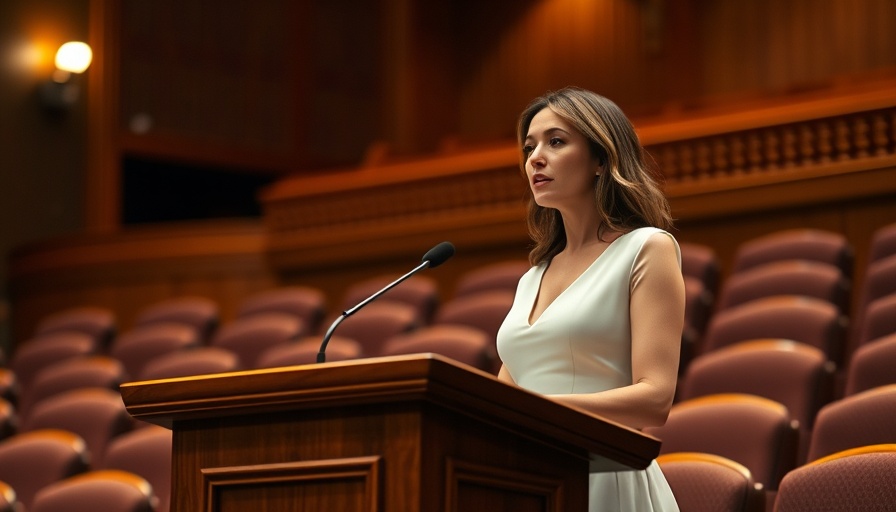 Woman in white addressing audience amid lawsuit against U.S. Rep.