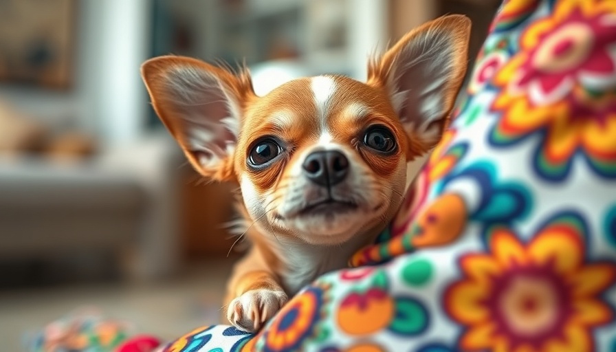 Curious Chihuahua peeking through colorful leggings indoors.