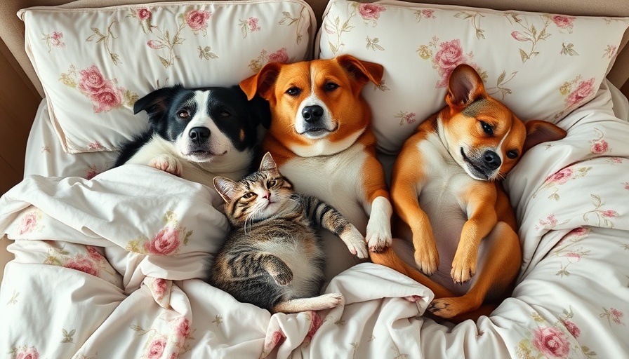Dogs and cat on a bed, showcasing sleeping arrangements.