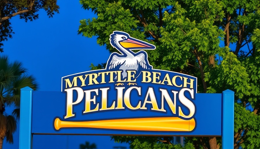Myrtle Beach Pelicans logo sign surrounded by trees in daylight.