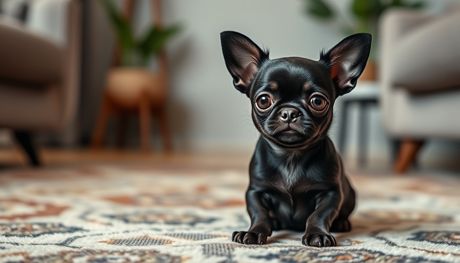 Chihuahua sitting attentively on patterned carpet