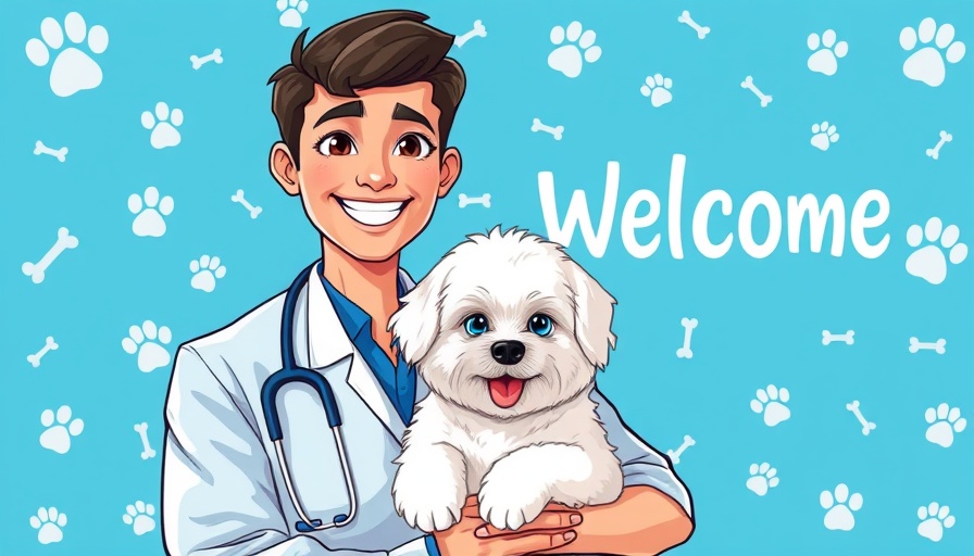 Smiling vet holding a fluffy dog with paw print background, Dog Owners