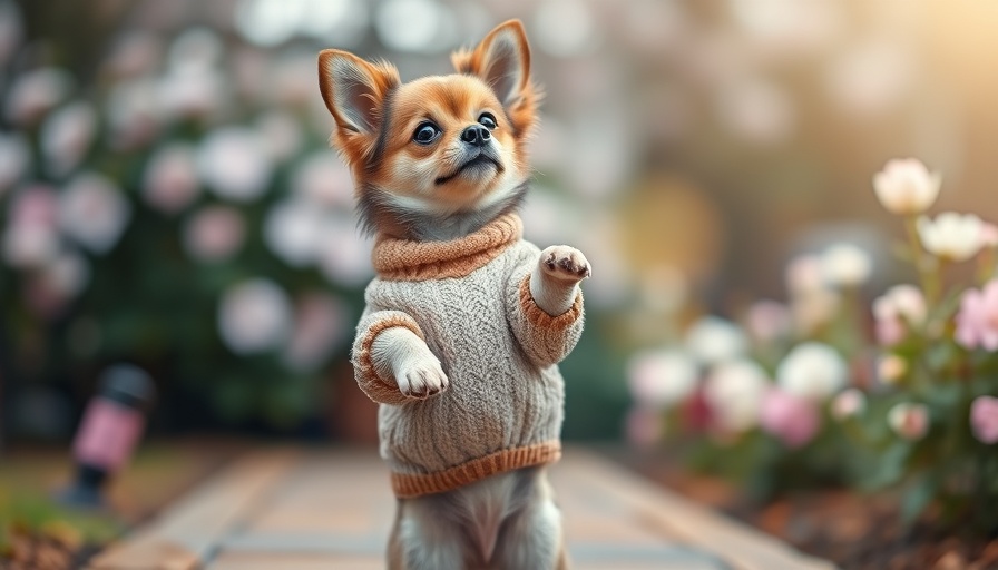 Adorable dog posing for a dog photo contest in a garden setting.