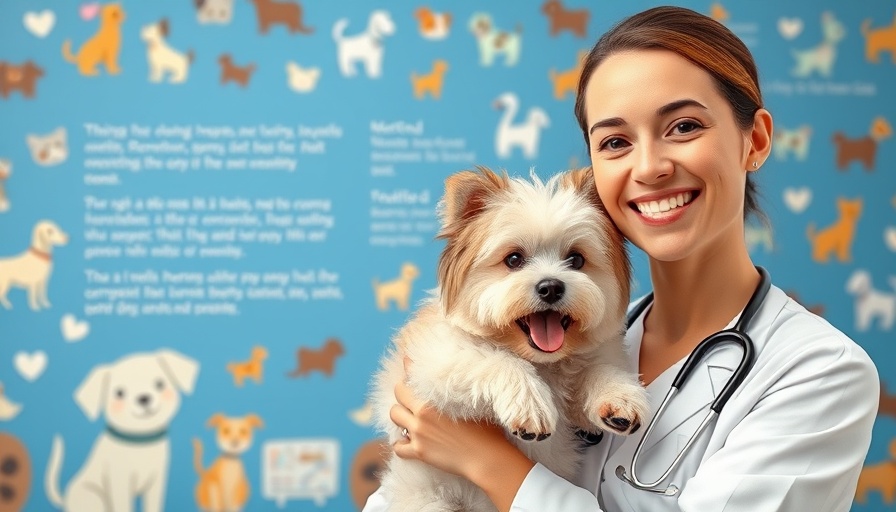 Cartoon vet with dog offering pet health advice for dog parents.