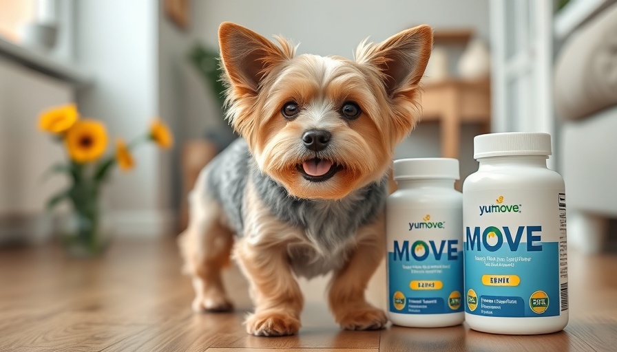 Small senior dog with YuMOVE joint care supplements, home setting.