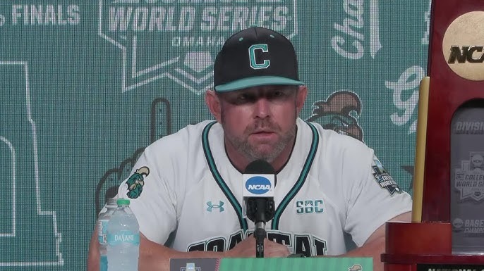 CCU baseball coach on field, named East Region Coach of the Year.