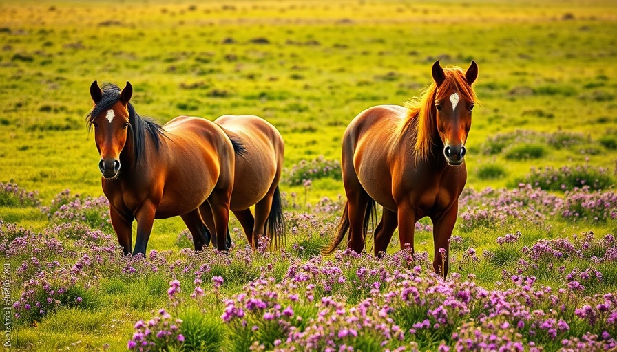 Serene scene with horses grazing in a field, Bug Protection for Horses.