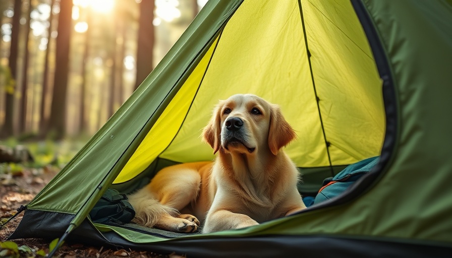 Golden dog relaxing in a tent while camping with your dog in a forest.