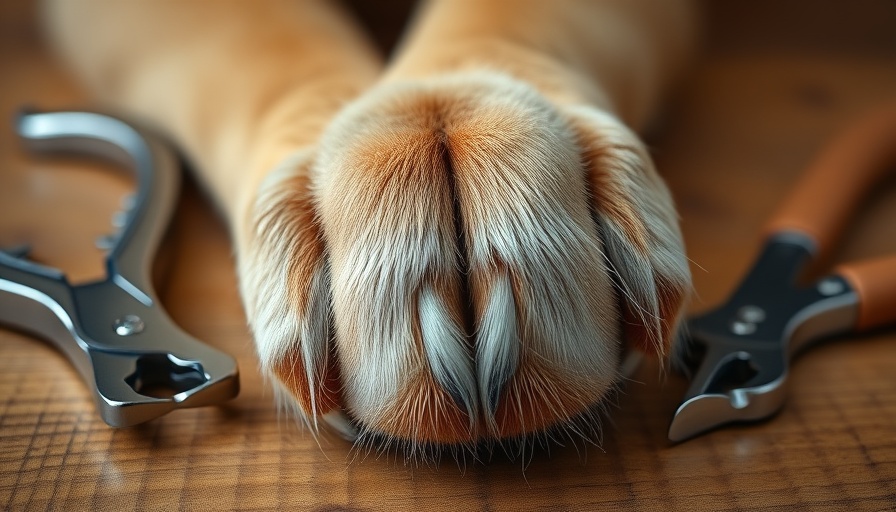 Dog paw with long nails next to nail clippers on wooden table.