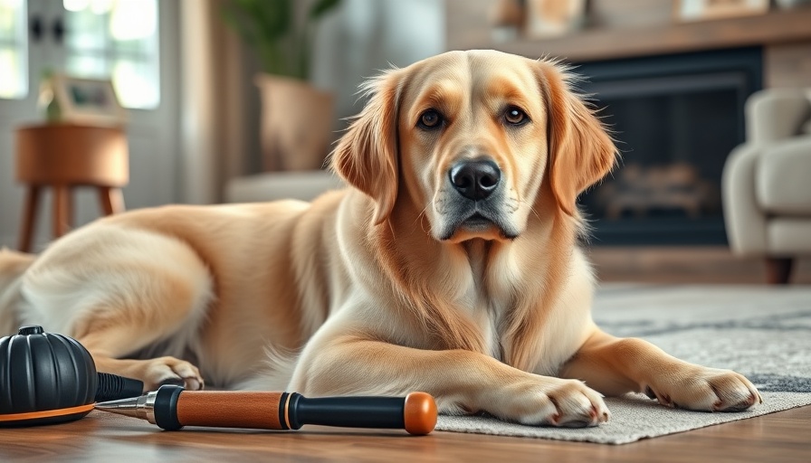 Golden retriever with training tools in living room - Dog Training Tips for Beginners.