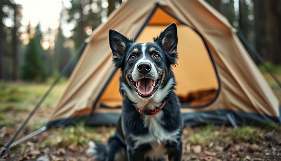 Dog sits happily in front of a camping tent outdoors.