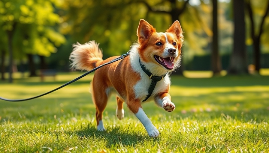 Happy dog walking in park with leash on grass, sunny day.