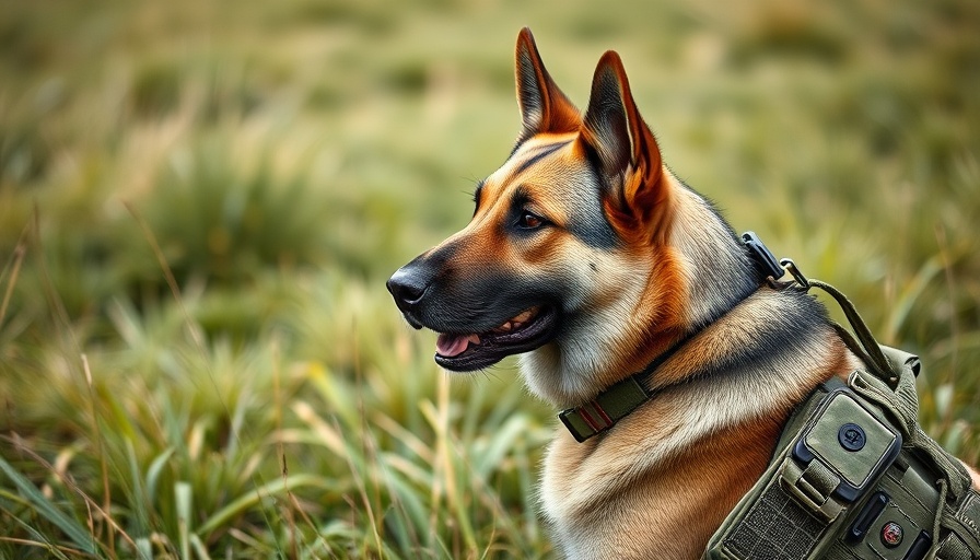Adopt ex-military dogs: Alert canine in tactical gear in field.