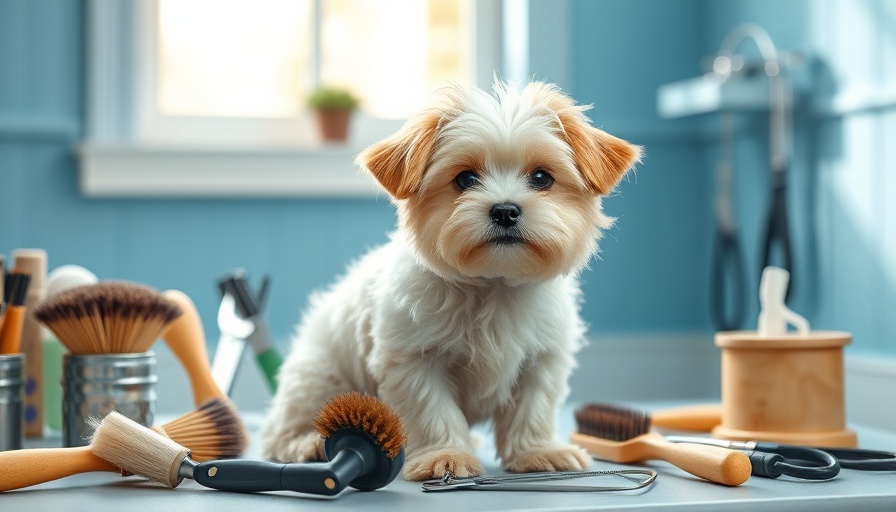 Tips for grooming your dog at home - cute dog with grooming tools.