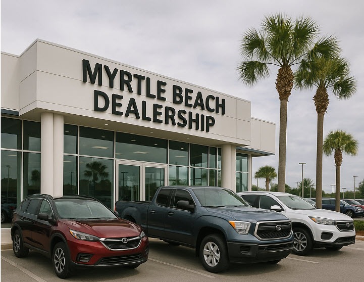vibrant Myrtle Beach car dealership exterior, staff engaging with customers, palm trees, cityscape, bright colors, natural sunlight