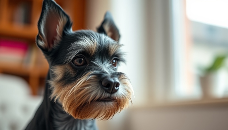 Photorealistic miniature schnauzer with expressive eyes indoors.