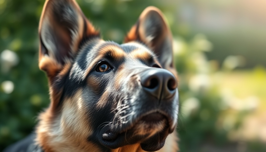 Alert rescue German Shepherd looking upward in natural setting.