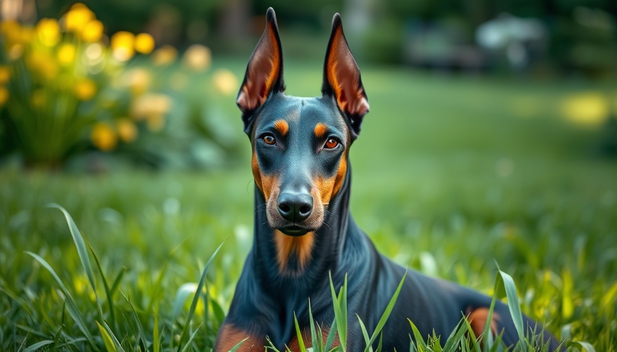 Alert Doberman Pinscher dog, soft sunlight on green grass, rescue.