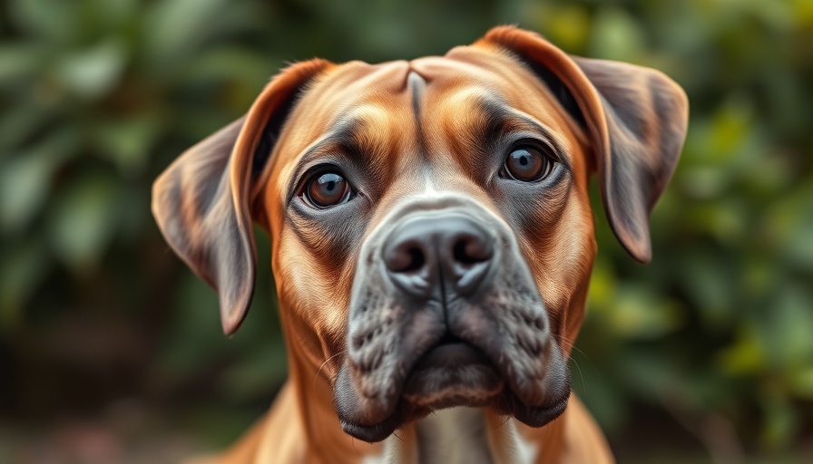 Thoughtful Boxer dog in a garden, photorealistic style.