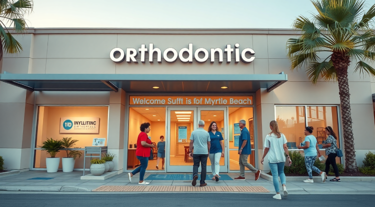 Inviting orthodontic clinic exterior in Myrtle Beach with welcoming staff, palm trees, and modern architecture.