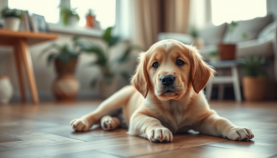Golden retriever puppy with curious look on floor, emphasizing quirky dog habits.