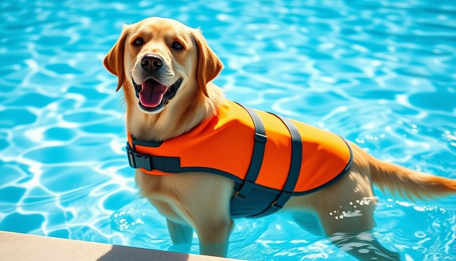 Golden Labrador in a life jacket in a pool, illustrating dog pool safety.