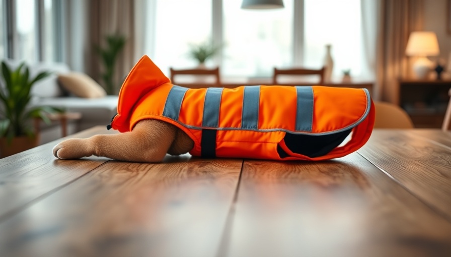 Bright dog safety jacket on table in sunny room