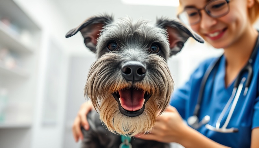 Gray Schnauzer at vet clinic, highlighting American Animal Hospital Association accreditation.