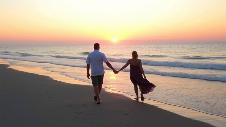 Couple strolling hand-in-hand on Myrtle Beach at sunset, enjoying golden views.