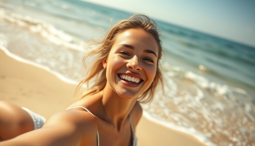Confident young woman smiling freely on a sunny beach, exhibiting high self-esteem.