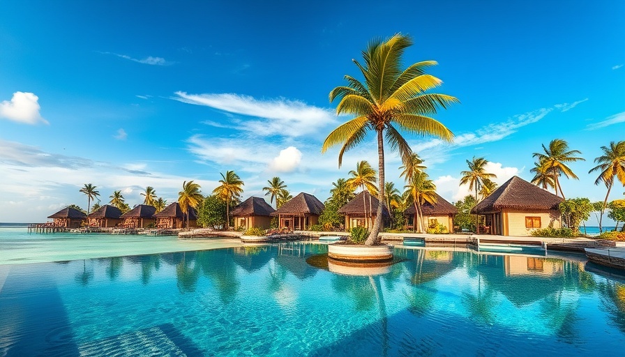 Tropical resort pool with palm trees and overwater bungalows, serene scene.