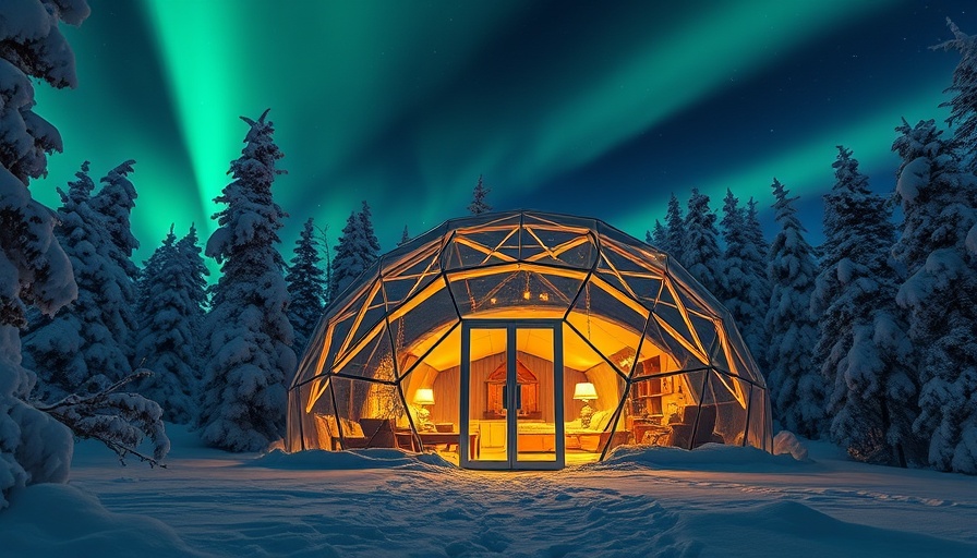 A unique hotel with a glass igloo under the northern lights, surrounded by snow.
