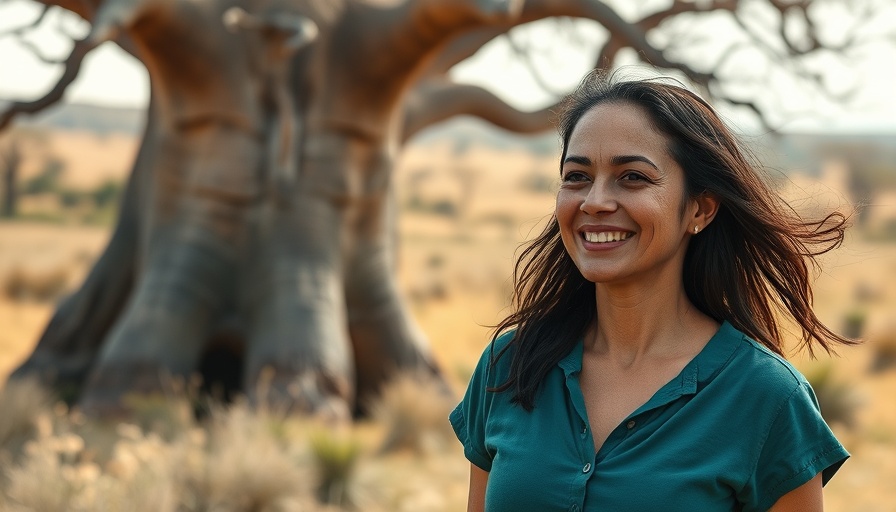 Relaxed woman near baobab tree on Madagascar travel