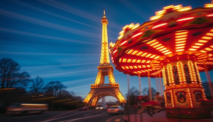 Vibrant carousel and Eiffel Tower at dusk, Paris.