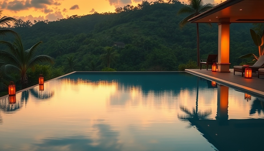 Infinity pool at sunset, serene and tranquil atmosphere.